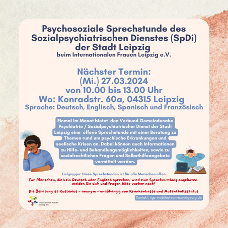 Psychosoziale Sprechstunde des Sozialpsychiatrischen Dienstes (SpDi) der Stadt Leipzig