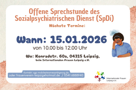 Offene Psychosoziale Sprechstunde des Sozialpsychiatrischen Dienstes (SpDi) der Stadt Leipzig
