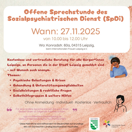 Offene Psychosoziale Sprechstunde des Sozialpsychiatrischen Dienstes (SpDi) der Stadt Leipzig