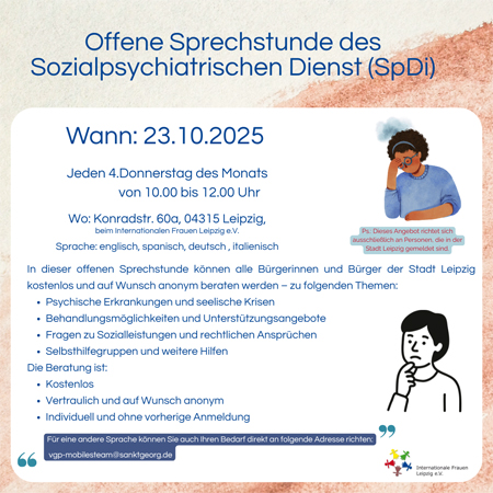 Psychosoziale Sprechstunde des Sozialpsychiatrischen Dienstes (SpDi) der Stadt Leipzig