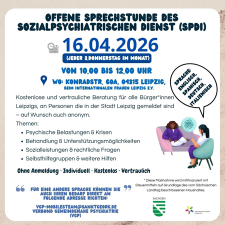 Offene Psychosoziale Sprechstunde des Sozialpsychiatrischen Dienstes (SpDi) der Stadt Leipzig