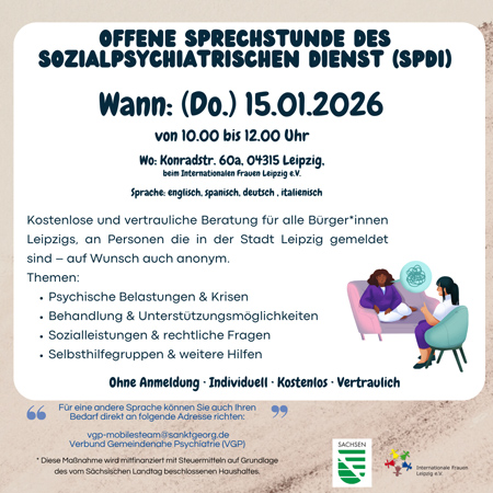 Offene Psychosoziale Sprechstunde des Sozialpsychiatrischen Dienstes (SpDi) der Stadt Leipzig