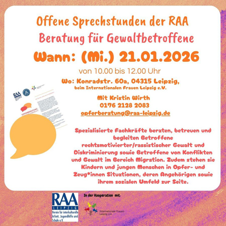 Offene Sprechstunde der Beratung für Gewaltbetroffene der RAA e.V.
