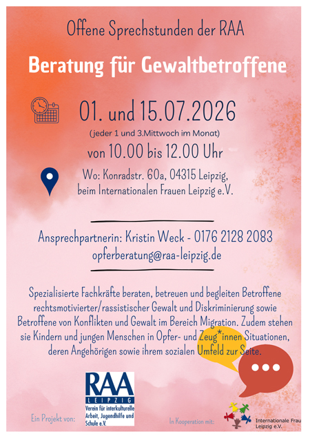 Offene Sprechstunde der Beratung für Gewaltbetroffene der RAA e.V.