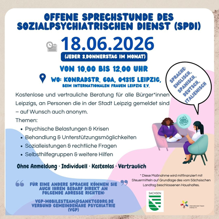 Offene Psychosoziale Sprechstunde des Sozialpsychiatrischen Dienstes (SpDi) der Stadt Leipzig