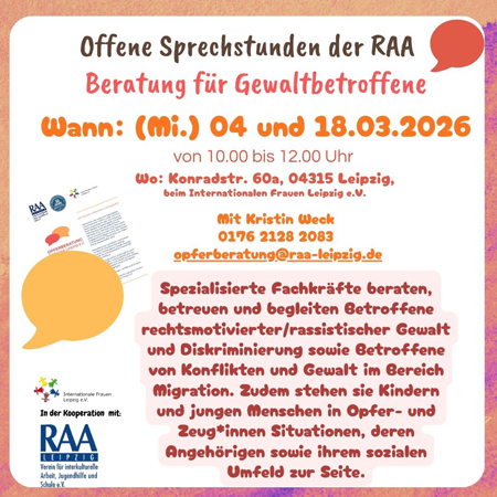 Offene Sprechstunde der Beratung für Gewaltbetroffene der RAA e.V.