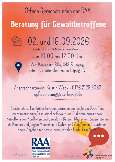 Offene Sprechstunde der Beratung für Gewaltbetroffene der RAA e.V.