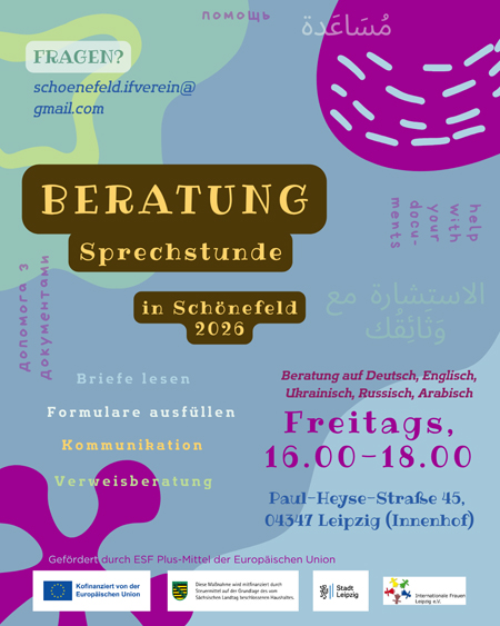 Beratung Sprechstunde in Schönefeld 2026 (Deutsch, Englisch, Ukrainisch, Russisch, Arabisch)